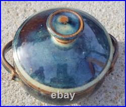 1979 Vintage Glazed Pottery Pot Serving Bowl with Lid Casserole Dish Blue Brown