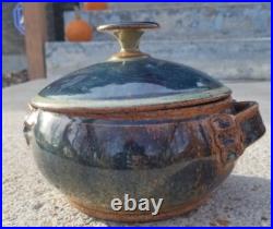 1979 Vintage Glazed Pottery Pot Serving Bowl with Lid Casserole Dish Blue Brown