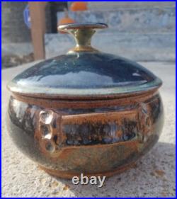 1979 Vintage Glazed Pottery Pot Serving Bowl with Lid Casserole Dish Blue Brown