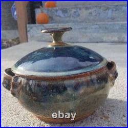 1979 Vintage Glazed Pottery Pot Serving Bowl with Lid Casserole Dish Blue Brown