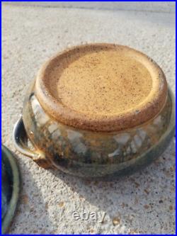 1979 Vintage Glazed Pottery Pot Serving Bowl with Lid Casserole Dish Blue Brown