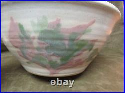 1990 Studio Art Pottery Hand Thrown Large Bowl Pink blue Flowers On Cream Signed