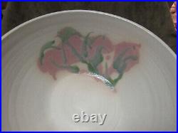 1990 Studio Art Pottery Hand Thrown Large Bowl Pink blue Flowers On Cream Signed