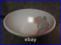 1990 Studio Art Pottery Hand Thrown Large Bowl Pink blue Flowers On Cream Signed