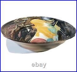 1992 Wayne Bates Studio Art Pottery Bowl Multicolored Sgraffito Abstract Patten
