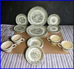 20 Pcs Set! Vintage Green Currier & Ives Country Scenes Wooden Box Plates, Cups+ 20 Pcs Set! Vintage Green Currier & Ives Country Scenes Wooden Box Plates, Cups+