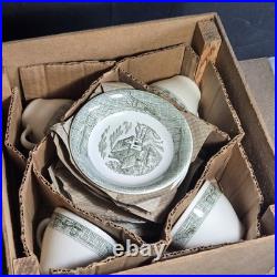 20 Pcs Set! Vintage Green Currier & Ives Country Scenes Wooden Box Plates, Cups+ 20 Pcs Set! Vintage Green Currier & Ives Country Scenes Wooden Box Plates, Cups+