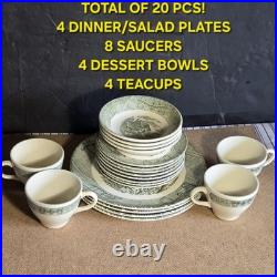 20 Pcs Set! Vintage Green Currier & Ives Country Scenes Wooden Box Plates, Cups+