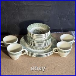 20 Pcs Set! Vintage Green Currier & Ives Country Scenes Wooden Box Plates, Cups+