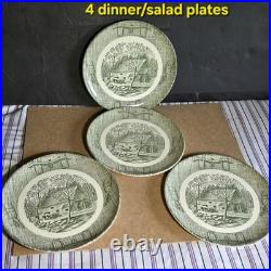 20 Pcs Set! Vintage Green Currier & Ives Country Scenes Wooden Box Plates, Cups+ 20 Pcs Set! Vintage Green Currier & Ives Country Scenes Wooden Box Plates, Cups+