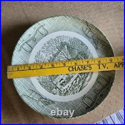 20 Pcs Set! Vintage Green Currier & Ives Country Scenes Wooden Box Plates, Cups+