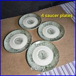 20 Pcs Set! Vintage Green Currier & Ives Country Scenes Wooden Box Plates, Cups+