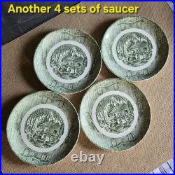 20 Pcs Set! Vintage Green Currier & Ives Country Scenes Wooden Box Plates, Cups+