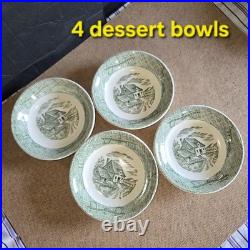 20 Pcs Set! Vintage Green Currier & Ives Country Scenes Wooden Box Plates, Cups+