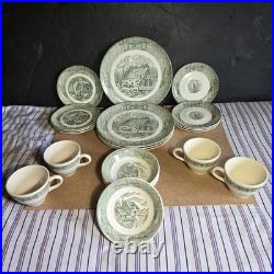20 Pcs Set! Vintage Green Currier & Ives Country Scenes Wooden Box Plates, Cups+