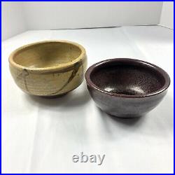 2 Asian Handmade Pottery Bowls Clay Brown Gold Vintage