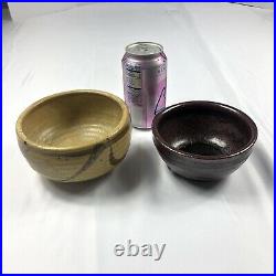 2 Asian Handmade Pottery Bowls Clay Brown Gold Vintage