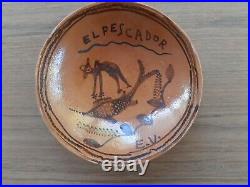 2 ESTEBAN VALDEZ Mexican Pottery Vintage Bowls Rare Guanajuato Gato Pescador MEX