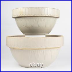 2 Nesting VTG Stoneware Pottery Ruckels Bowls Picket Fence Farmhouse Cream 2 Nesting VTG Stoneware Pottery Ruckels Bowls Picket Fence Farmhouse Cream