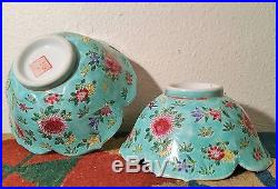 2 Qing Qianlong famille rose rice bowl antique chinese art pottery vtg flower