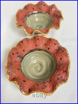 2 Rare Mackenzie Childs Ruffled Edge Dessert/Berry Bowls Gold Rim #2B