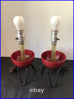 2 VTG MCM RETRO TRIPOD HAIRPIN RED POTTERY BOWL PLANTER 14 TABLE LAMPS WithSHADES