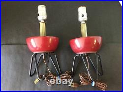 2 VTG MCM RETRO TRIPOD HAIRPIN RED POTTERY BOWL PLANTER 14 TABLE LAMPS WithSHADES