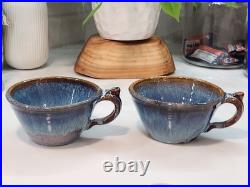 2 Vintage Bill Cambell Art Pottery Bowls With Handles Blue Swirl Drip Signed