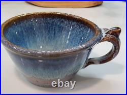 2 Vintage Bill Cambell Art Pottery Bowls With Handles Blue Swirl Drip Signed