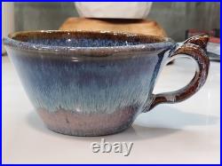 2 Vintage Bill Cambell Art Pottery Bowls With Handles Blue Swirl Drip Signed