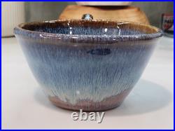 2 Vintage Bill Cambell Art Pottery Bowls With Handles Blue Swirl Drip Signed