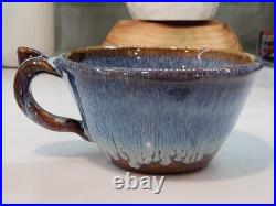 2 Vintage Bill Cambell Art Pottery Bowls With Handles Blue Swirl Drip Signed