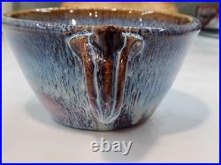 2 Vintage Bill Cambell Art Pottery Bowls With Handles Blue Swirl Drip Signed