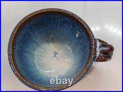 2 Vintage Bill Cambell Art Pottery Bowls With Handles Blue Swirl Drip Signed