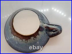 2 Vintage Bill Cambell Art Pottery Bowls With Handles Blue Swirl Drip Signed