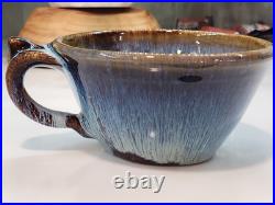 2 Vintage Bill Cambell Art Pottery Bowls With Handles Blue Swirl Drip Signed