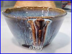 2 Vintage Bill Cambell Art Pottery Bowls With Handles Blue Swirl Drip Signed
