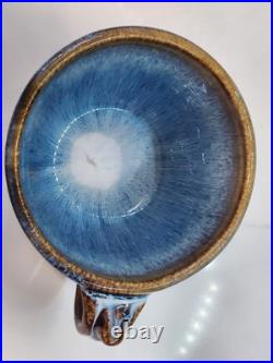 2 Vintage Bill Cambell Art Pottery Bowls With Handles Blue Swirl Drip Signed