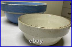 2 Vtg Stoneware Pottery Crock Mixing Dough Bowls Blue/Cream 1Lg/1SmWestern