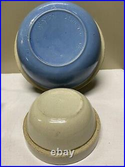 2 Vtg Stoneware Pottery Crock Mixing Dough Bowls Blue/Cream 1Lg/1SmWestern