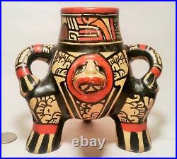 3 FOOTED vtg mayan aztec effigy pottery lizard face man cup bowl pot art statue