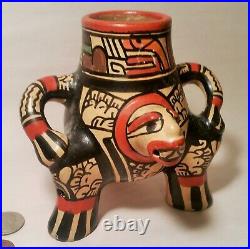 3 FOOTED vtg mayan aztec effigy pottery lizard face man cup bowl pot art statue