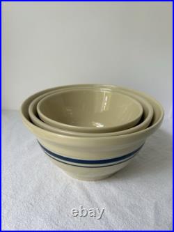 (3) VTG Roseville Ohio Nesting Mixing Bowls Friendship Blue Stripe Stoneware
