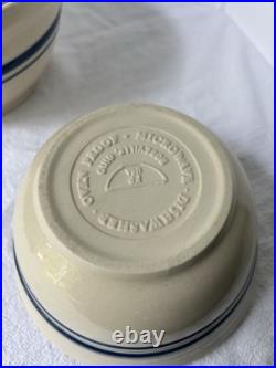 (3) VTG Roseville Ohio Nesting Mixing Bowls Friendship Blue Stripe Stoneware