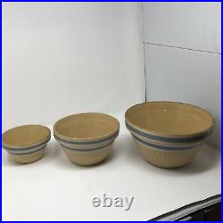 3 Vintage Yellow Stoneware Nesting Mixing Bowls Double Blue Banded 5.5, 7.5, 9.5