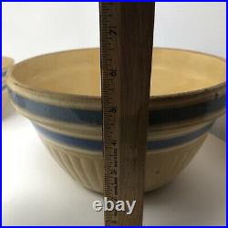 3 Vintage Yellow Stoneware Nesting Mixing Bowls Double Blue Banded 5.5, 7.5, 9.5