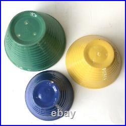 3 Vtg Bauer Ringware Pottery Nesting Mixing Bowls Set Green Yellow Blue Ribbed