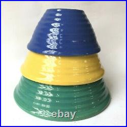 3 Vtg Bauer Ringware Pottery Nesting Mixing Bowls Set Green Yellow Blue Ribbed