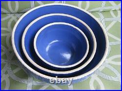 3 Vtg Clay City Pottery Blue Stoneware Mixing Bowls Picket Fence NESTING