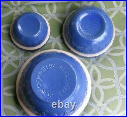 3 Vtg Clay City Pottery Blue Stoneware Mixing Bowls Picket Fence NESTING